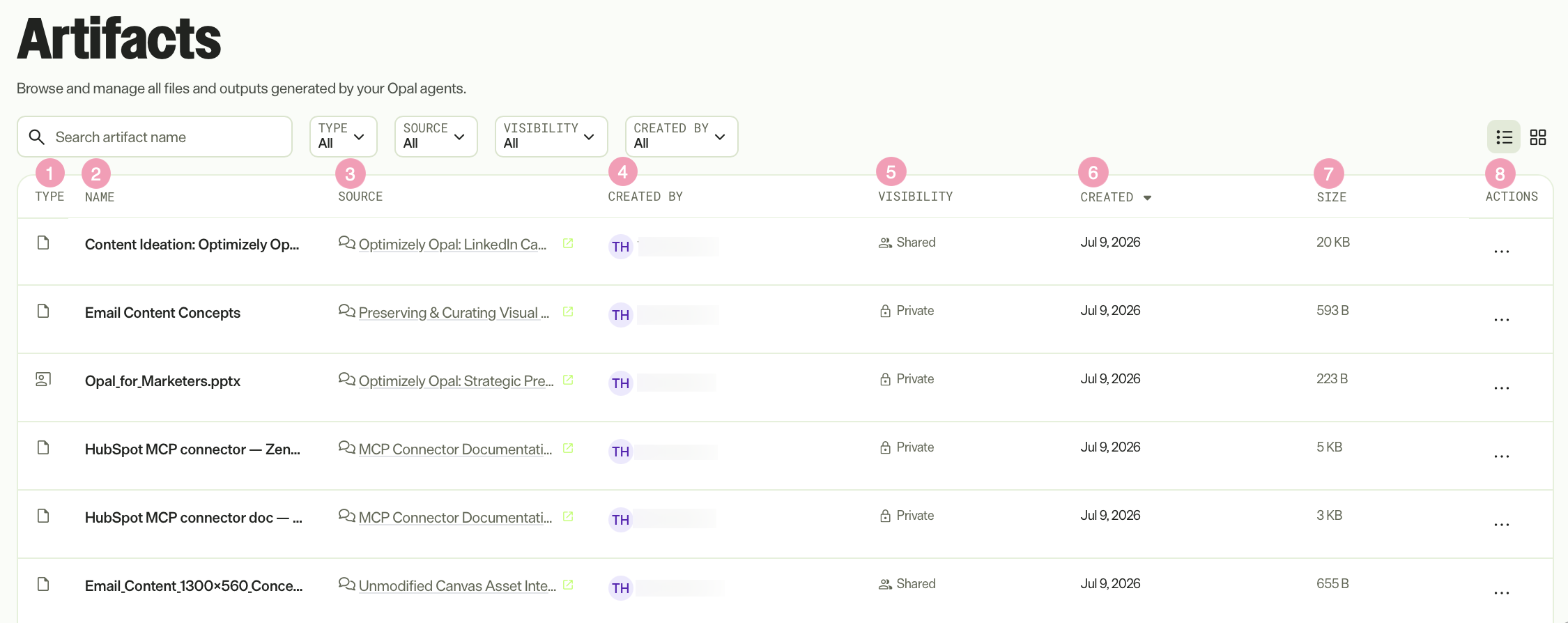 Screenshot of the Artifacts page list view table where the Type, Name, Source, Created By, Created, Size, and More columns display for each artifact row.
