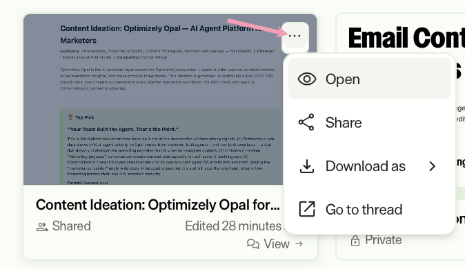Screenshot of the Artifacts page in grid view with the more actions menu open.