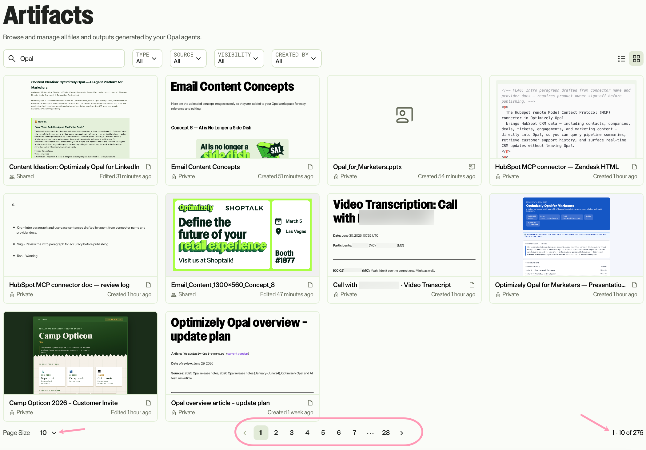 screenshot of the Artifacts page with the pagination highlighted.