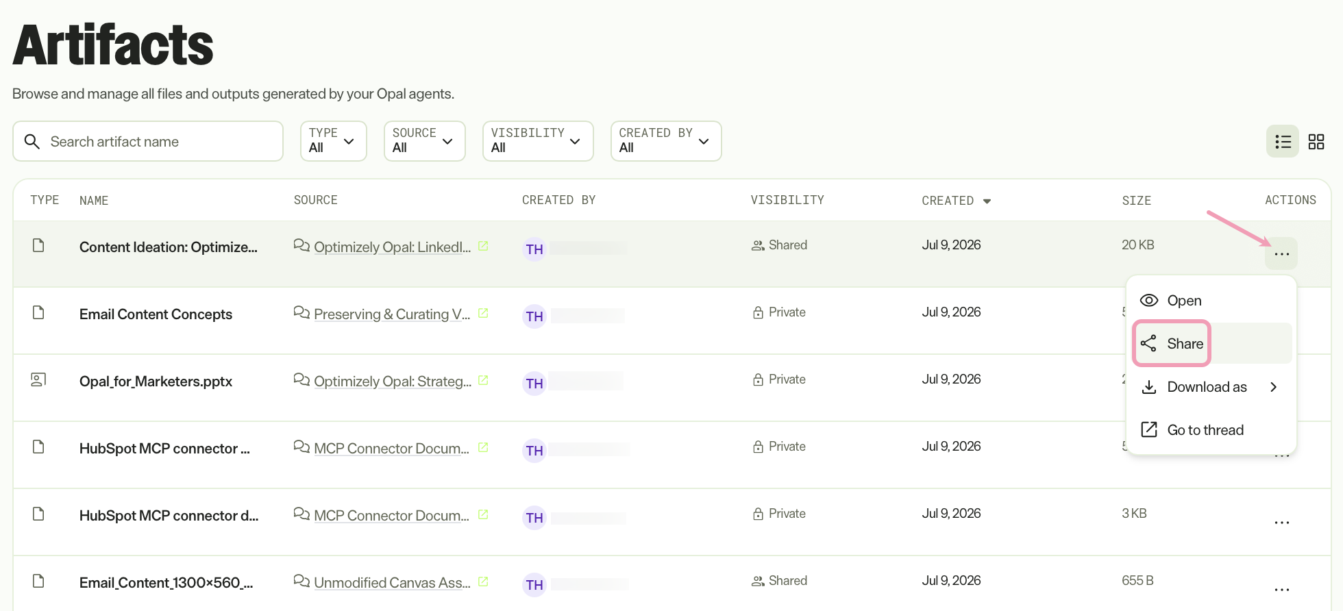 Screenshot of the Artifacts page with the more menu open and Share highlighted.