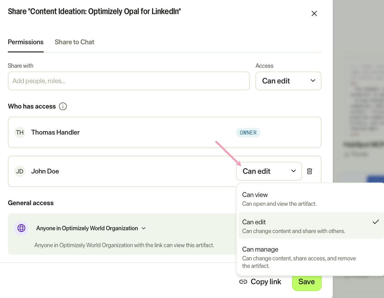Screenshot of the Share artifact page with the permission level drop-down list expanded.