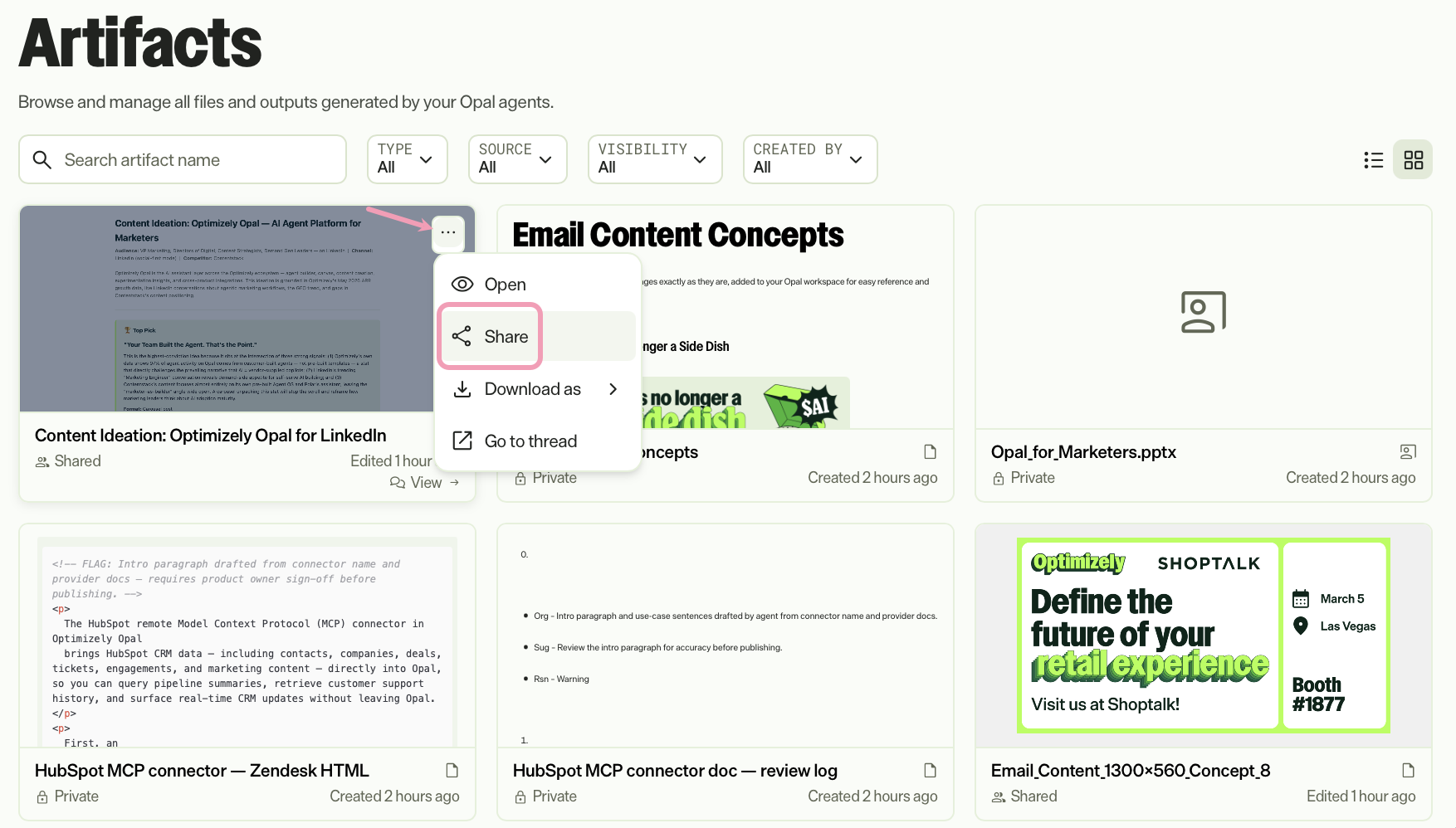 Screenshot of the Artifacts page in Grid mode with more selected and Share highlighted.
