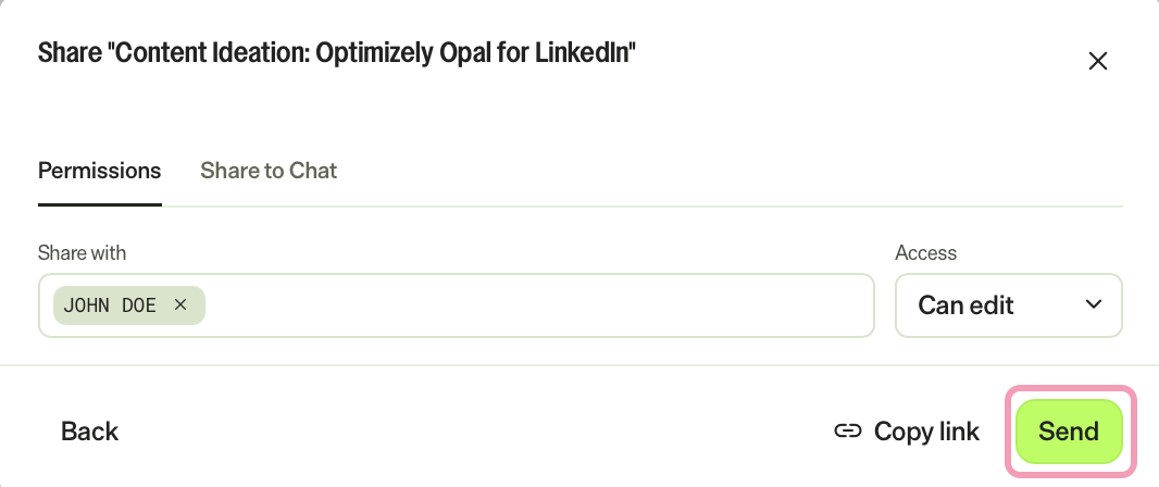 Screenshot of the Share artifact page with a person selected for the Share with and Send highlighted.