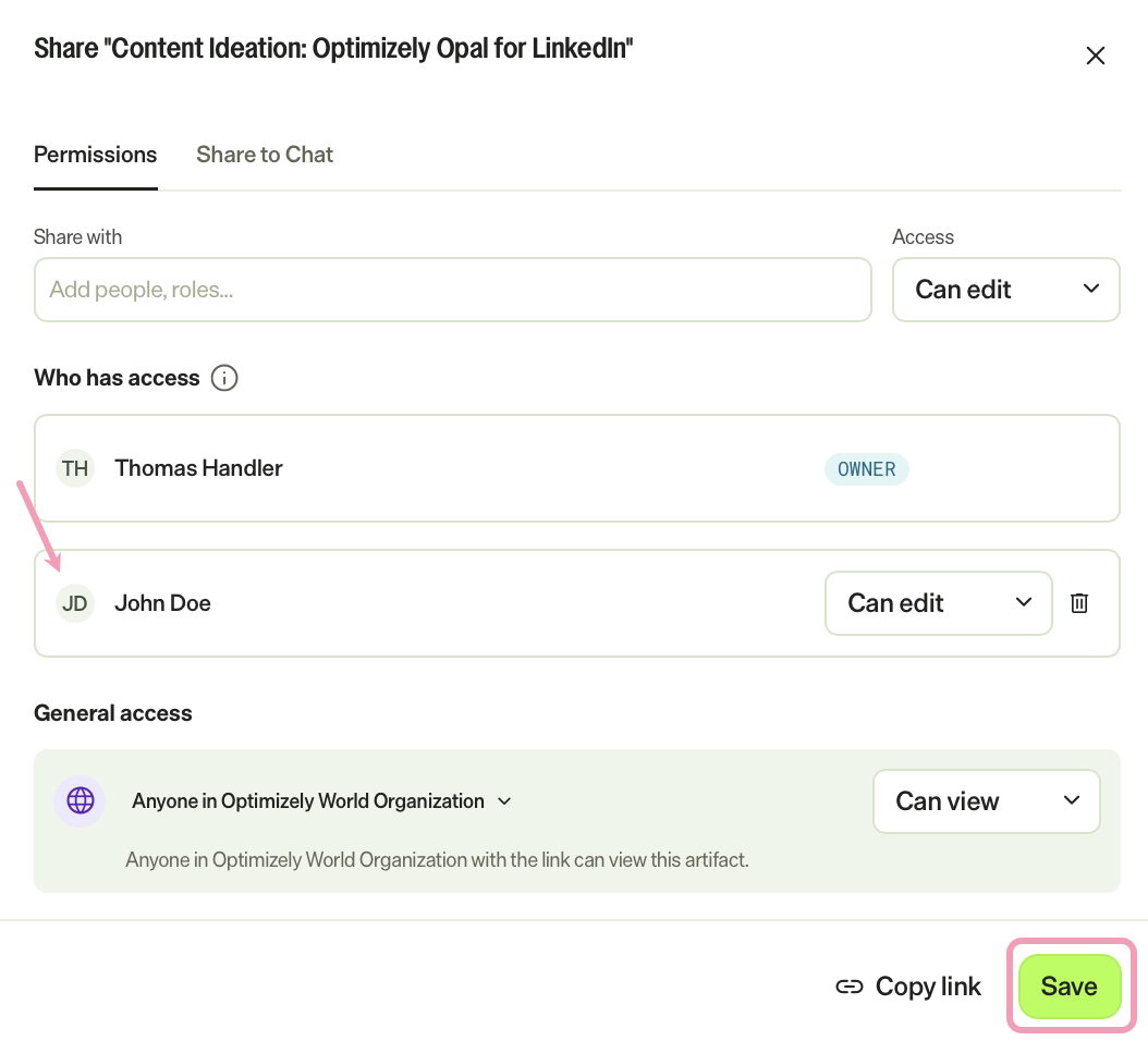 Screenshot of the Share artifact page with the new person added and Done highlighted.