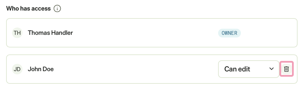 Screenshot of the Who has access section with remove highlighted.