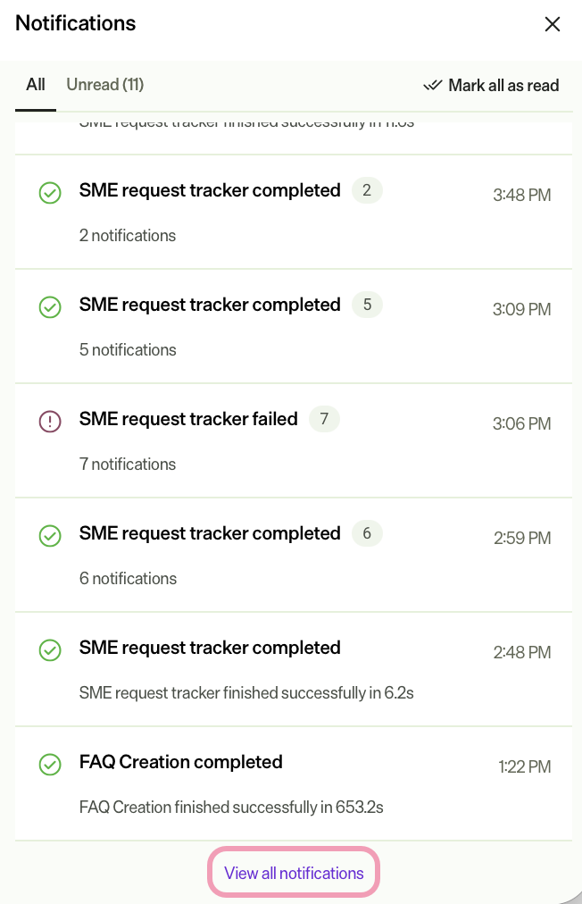 Screenshot of notifications tray where View all notifications link is visible