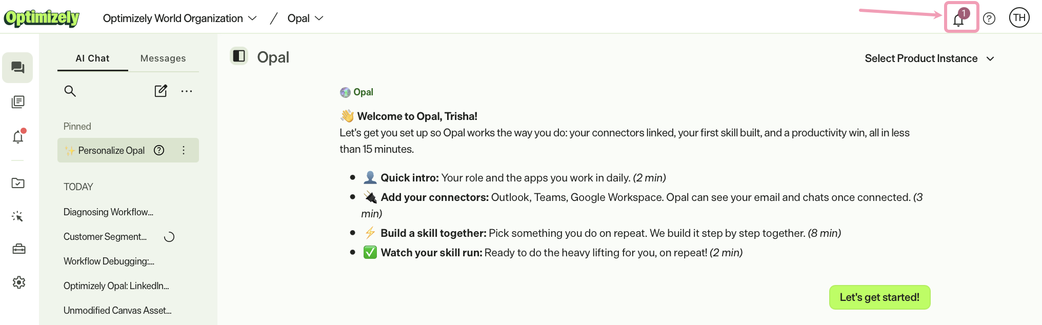 Screenshot of the Optimizely notification tray with 1 unread notification highlighted.