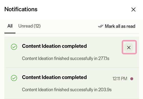 Screenshot of notifications tray notification where the Dismiss control is visible on hover