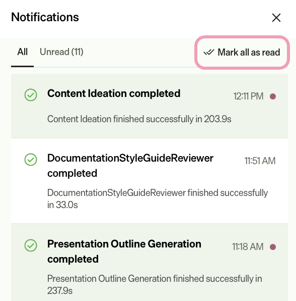 Screenshot of notifications tray where Mark all as read control is visible