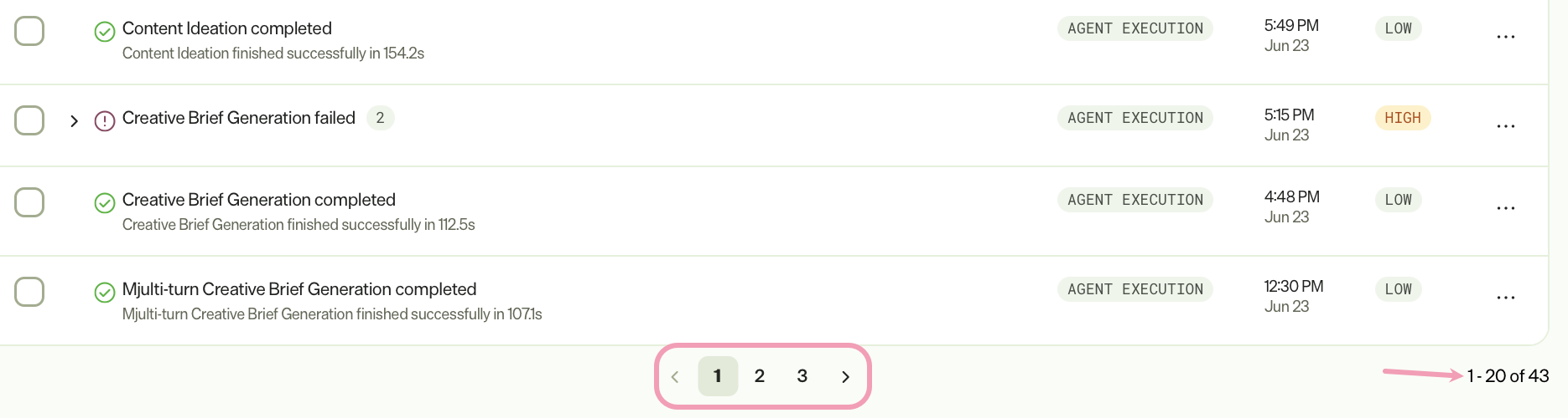 Screenshot of the Notification Center with the pagination selection highlighted.
