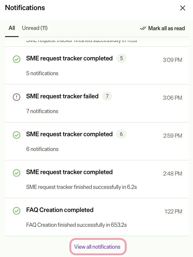 Screenshot of Opal notifications tray where View all notifications link is visible