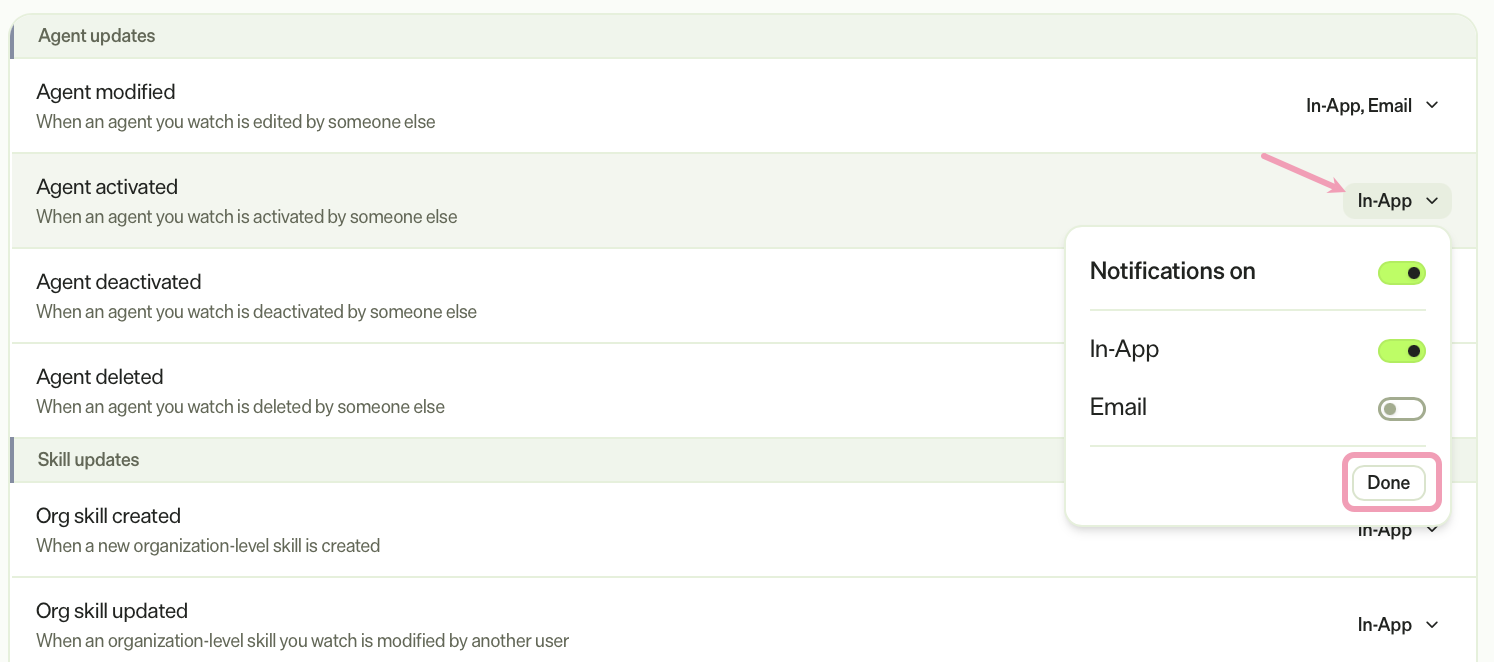 screenshot of notification channel editor where Done highlighted.