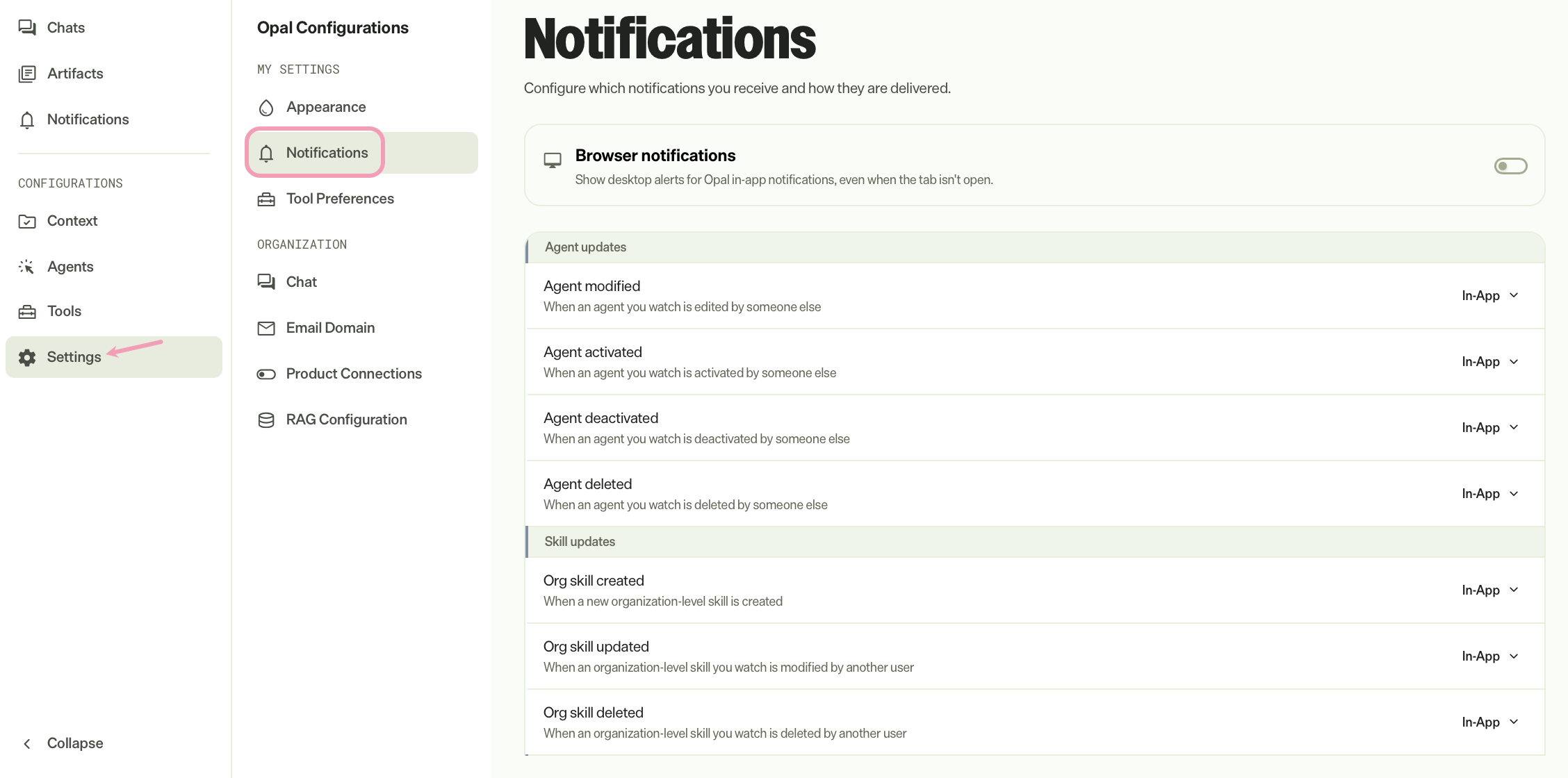 screenshot of Opal Settings page where Notifications displays as selected.