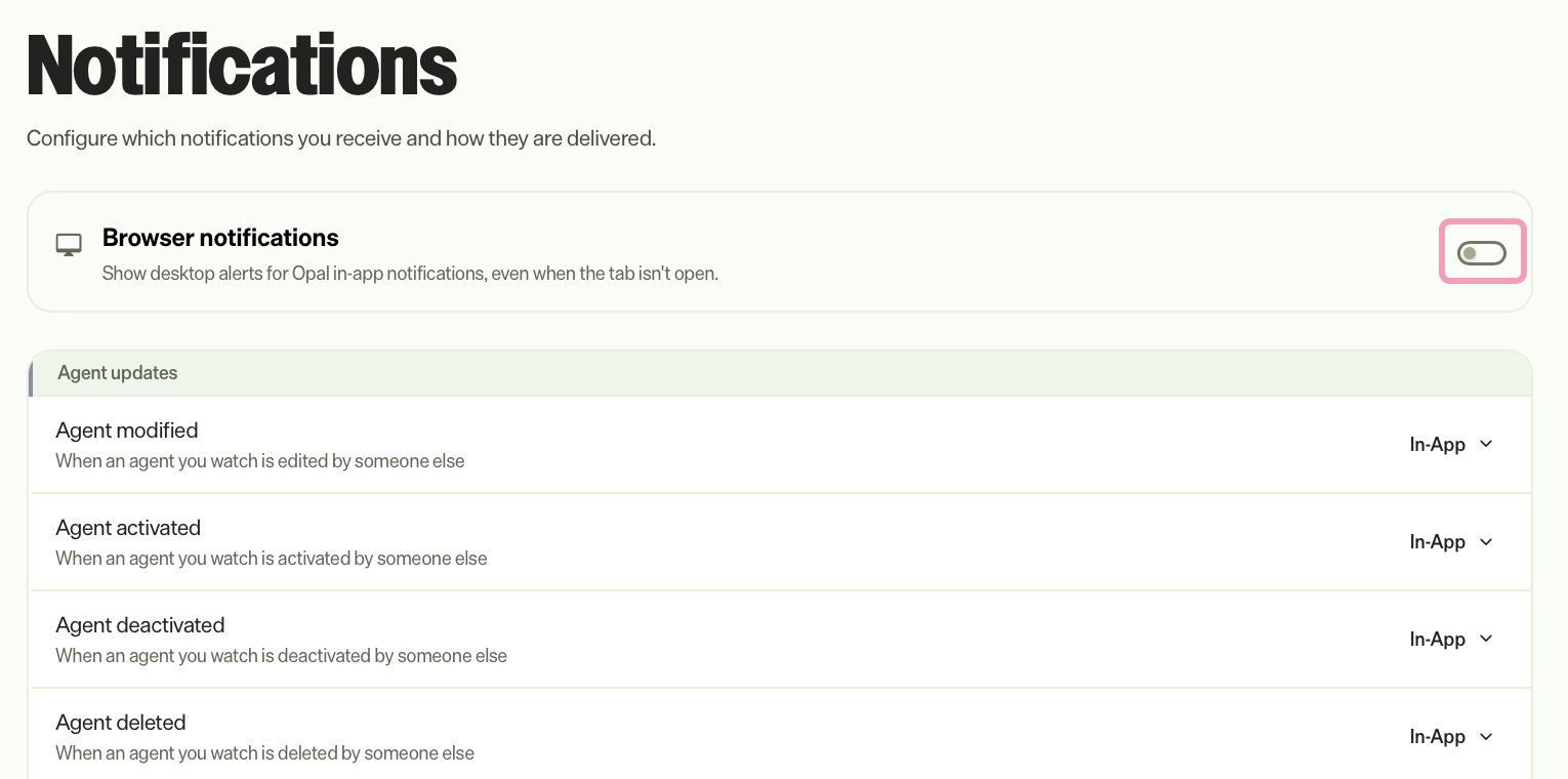 Screenshot of the Notifications settings with the Browser notifications toggle highlighted