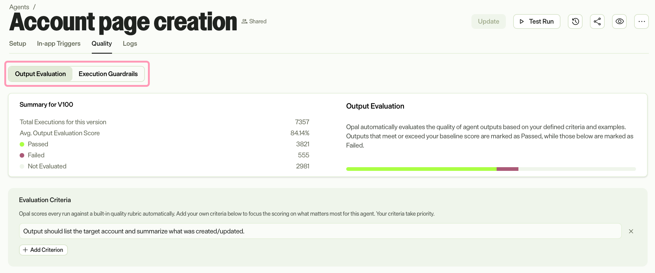 Screenshot of the Quality tab with the two sub-tabs, Output Evaluation and Execution Guardrails highlighted.