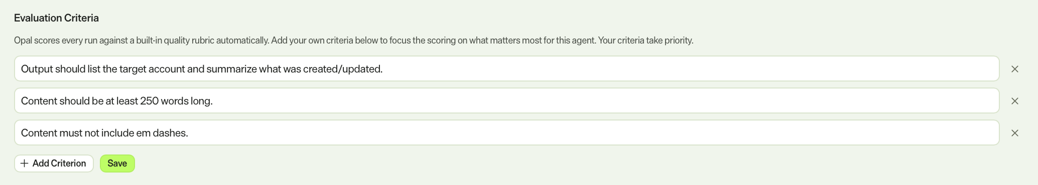 Screenshot the Quality tab with the Evaluation Criteria highlighted.