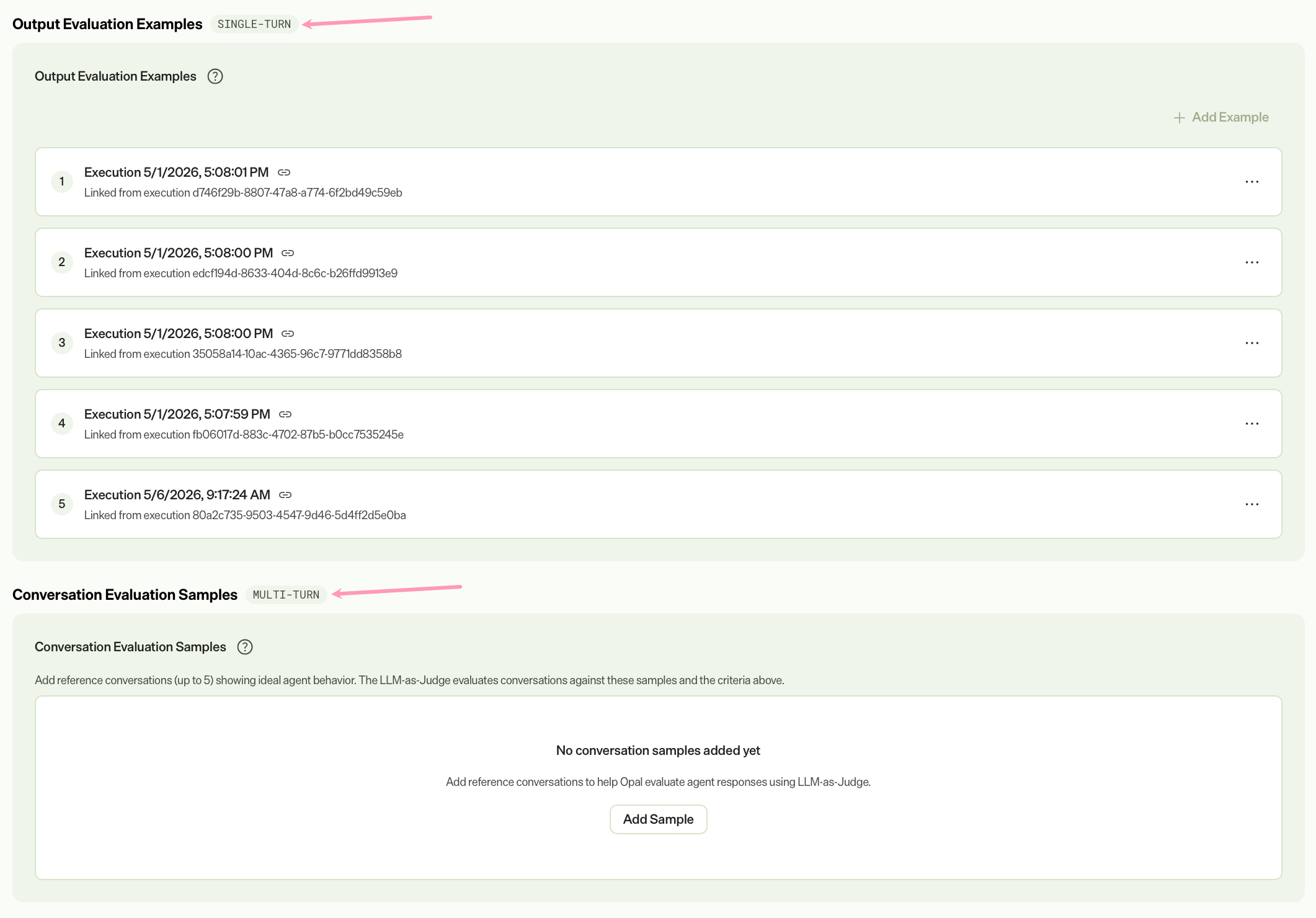 Screenshot of the Output Evaluation Examples and Conversation Evaluation Samples sections highlighted