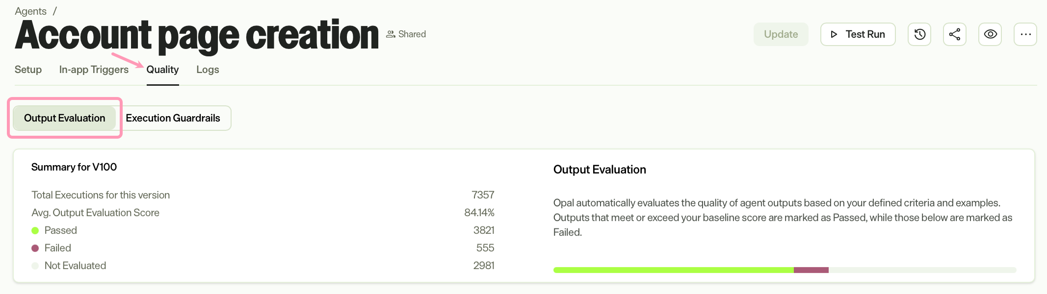 Screenshot of the Quality tab with Output Evaluation highlighted.