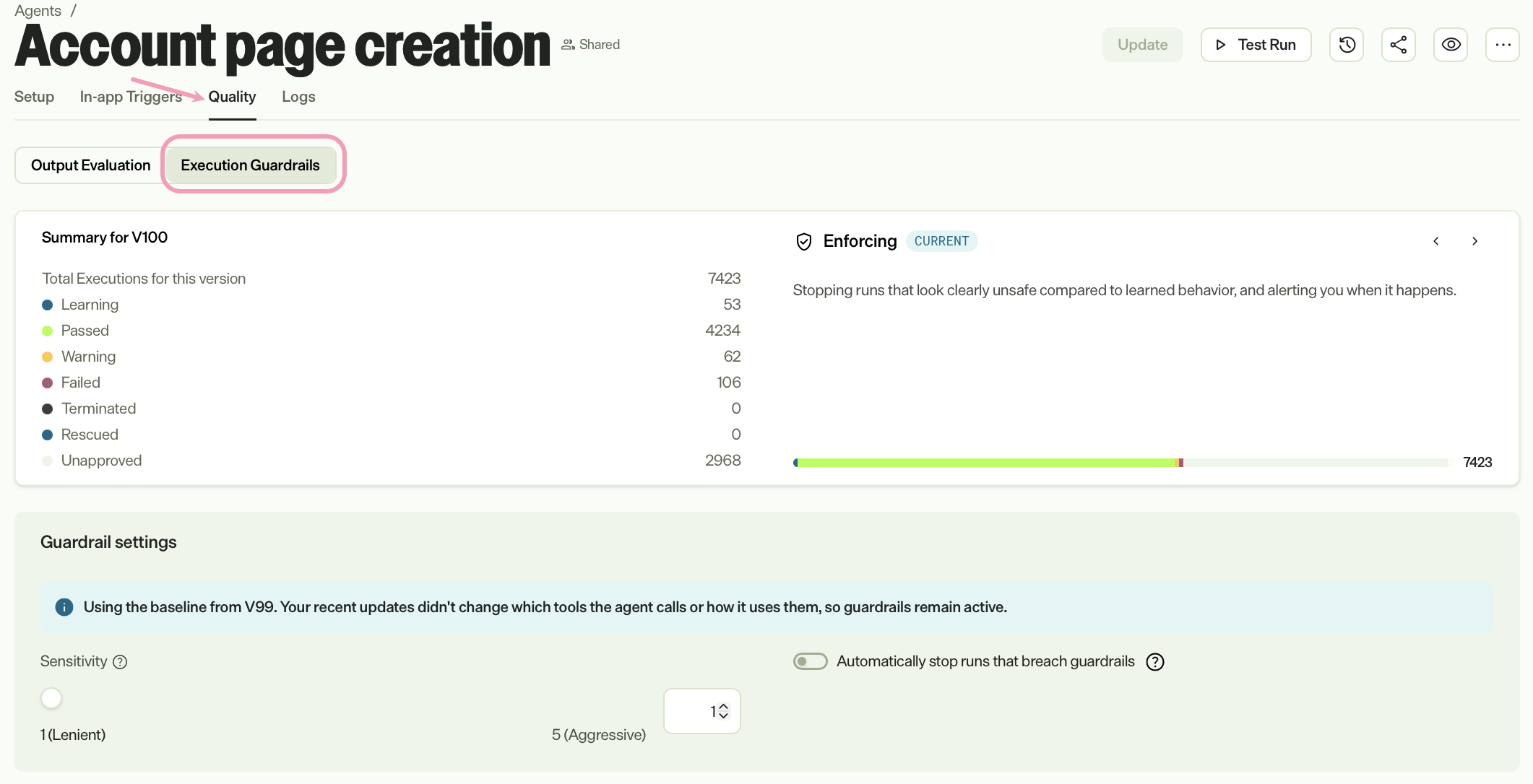 Screenshot of the Quality tab with the Execution Guardrails sub-tab highlighted.