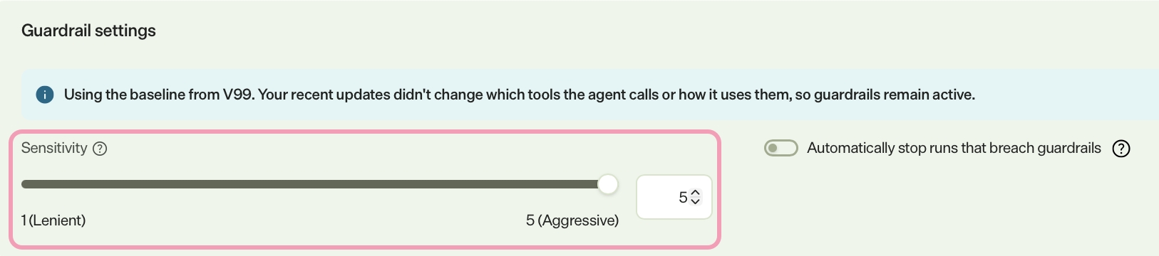 Screenshot of the Guardrail settings with the Sensitivity highlighted.