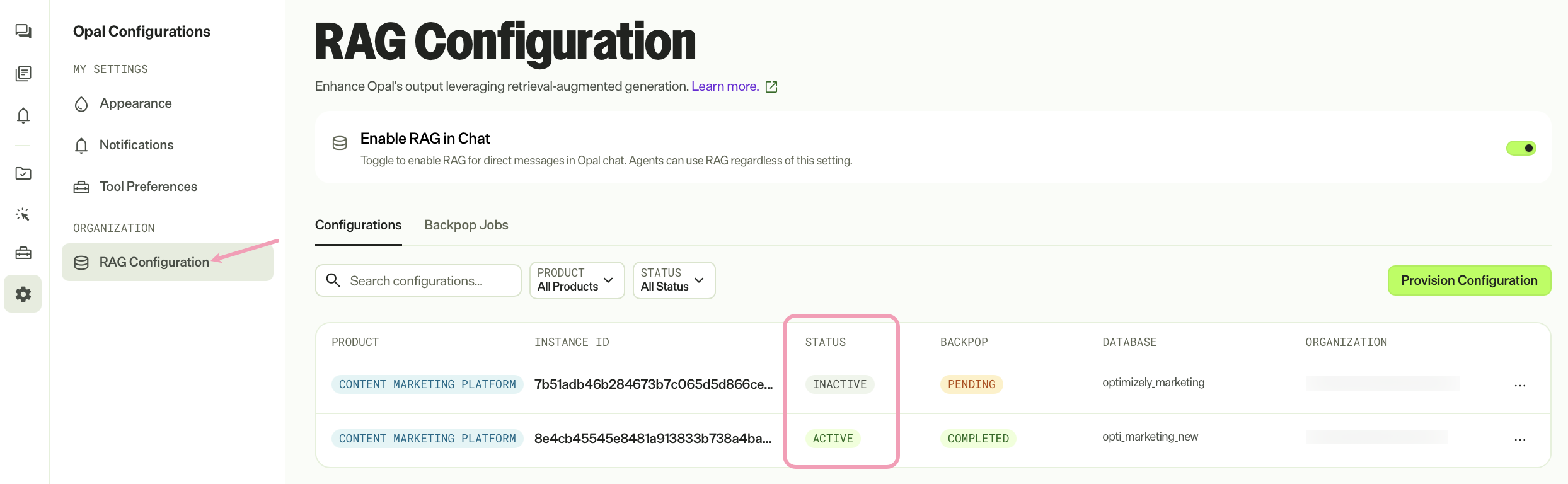 Screenshot of the RAG Configuration page with a CMP instance highlighted as active.