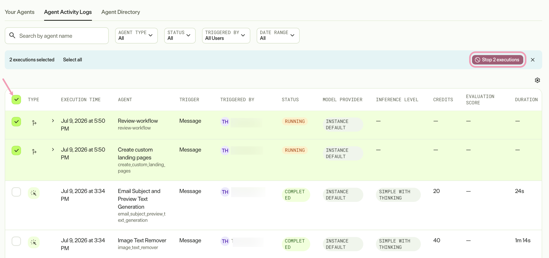 Screenshot of the Agent Activity Logs tab with theStop executions highlighted.