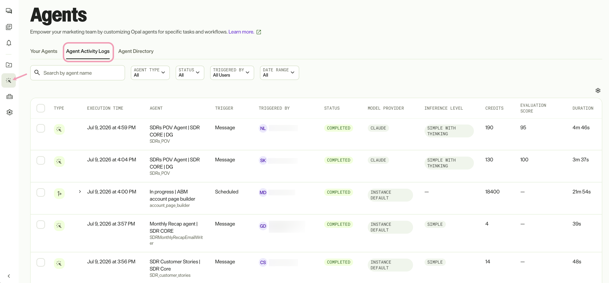 Screenshot of the Agents page with the Agent Activity Logs tab highlighted.