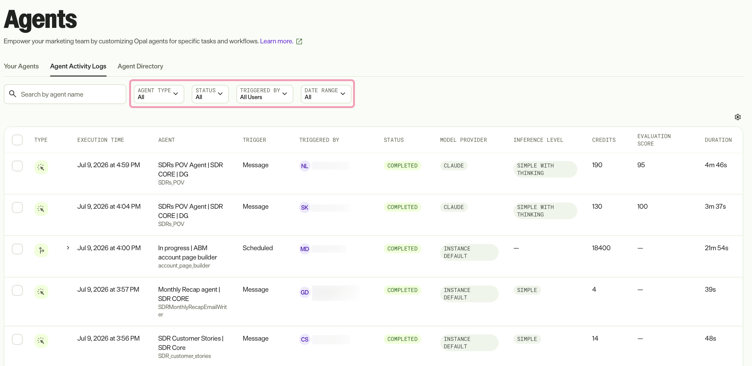 Screenshot of the Agent Activity Logs tab with the filter drop-down lists highlighted.