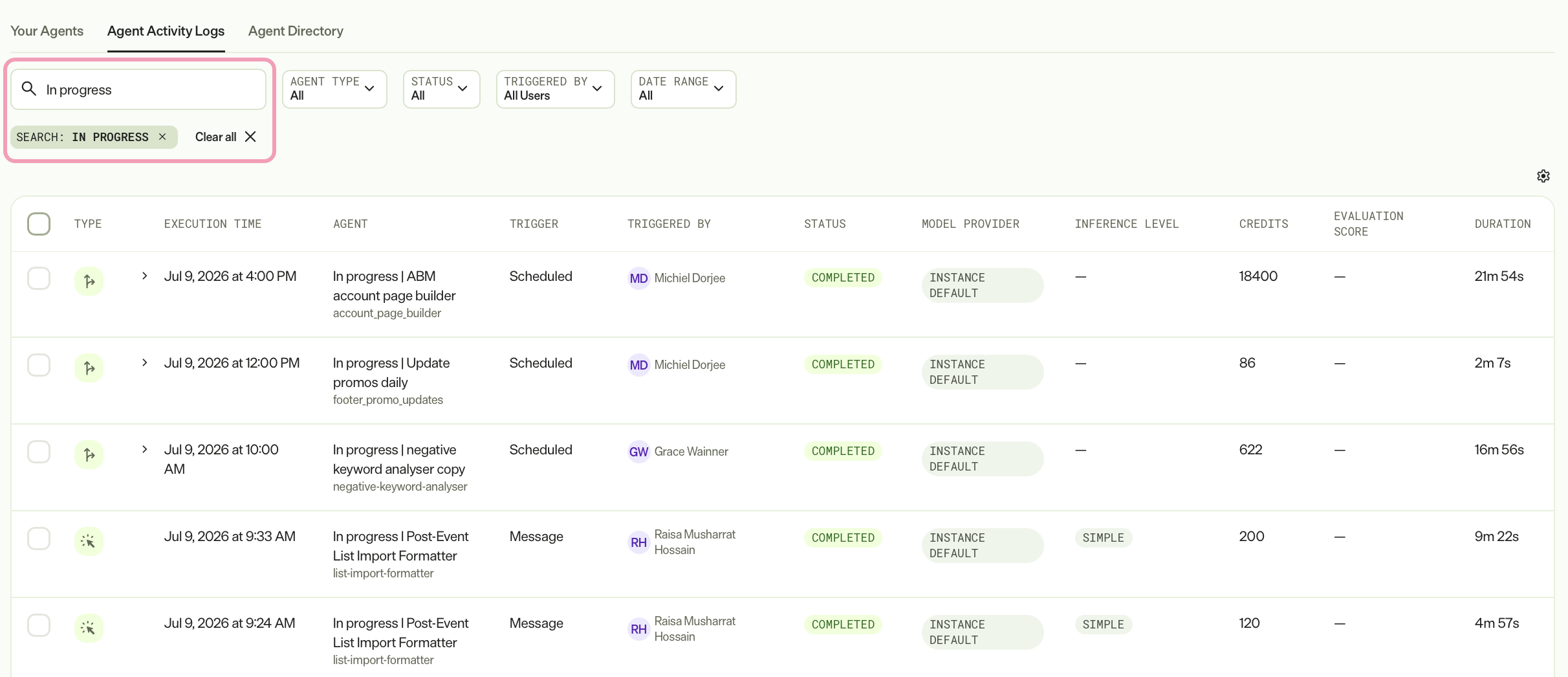 Screenshot of the Agent Activity Logs tab with the search bar highlighted.