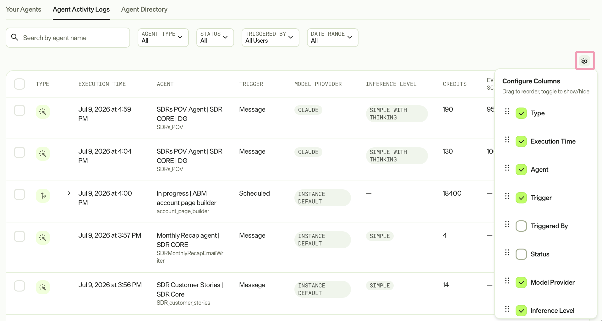 Screenshot of the Agent Activity Logs tab with the Configure Columns highlighted.