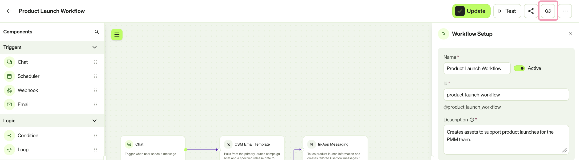 Screenshot of a workflow agent with watchers highlighted.
