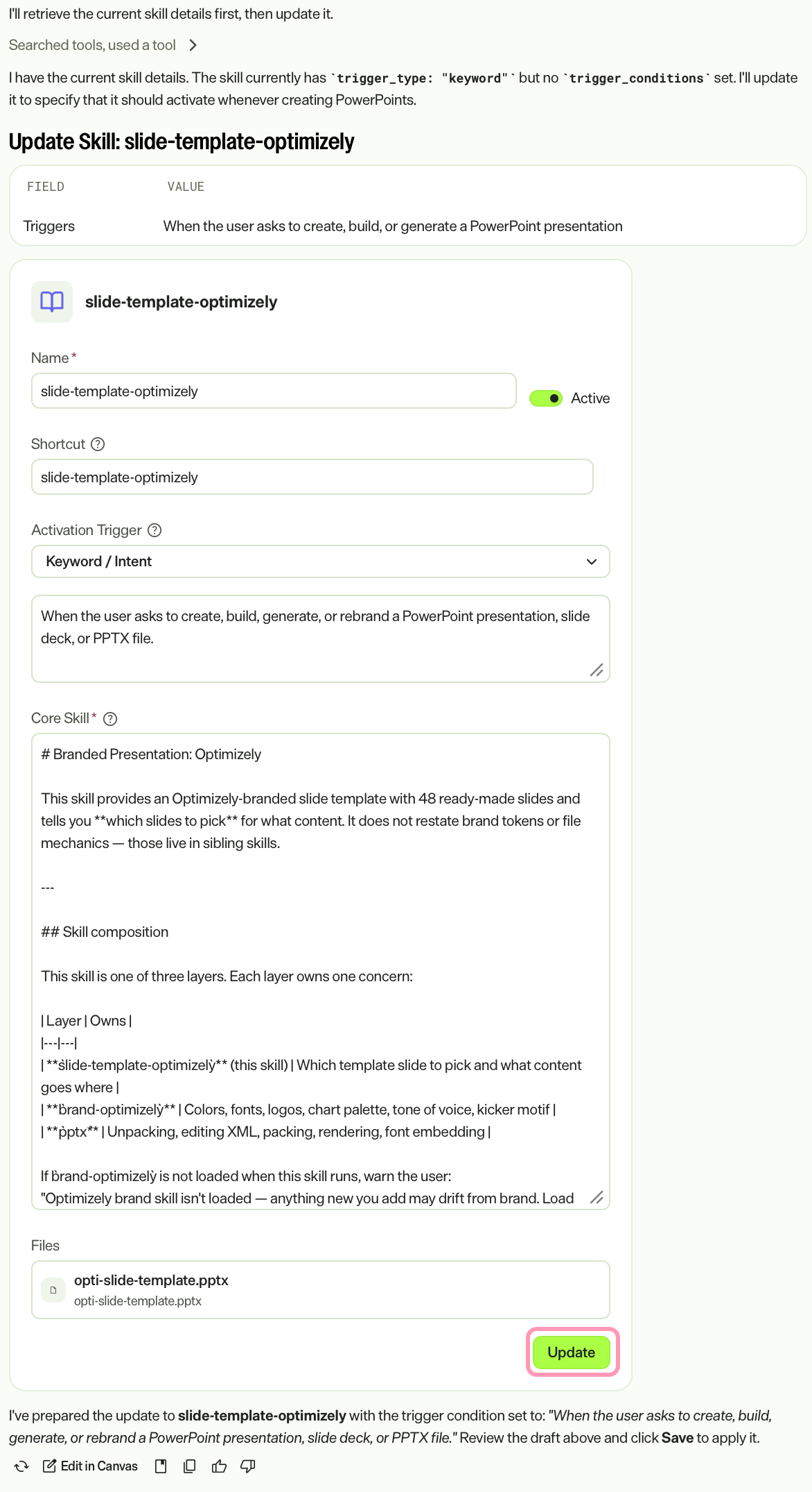 Screenshot of Opal Chat with the update skill action card displayed and Update highlighted.