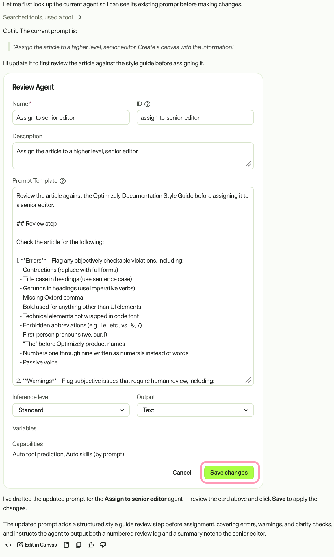 Screenshot of Opal Chat with a Review Agent action card displayed and Save changes highlighted.