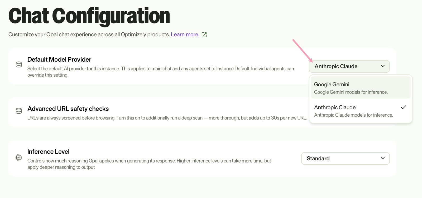 Screenshot of the Chat Configuration with the Default Model Provider drop-down list highlighted.