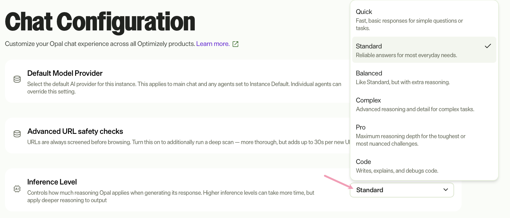 Screenshot of the Chat Configuration page with the Inference Level drop-down list highlighted.