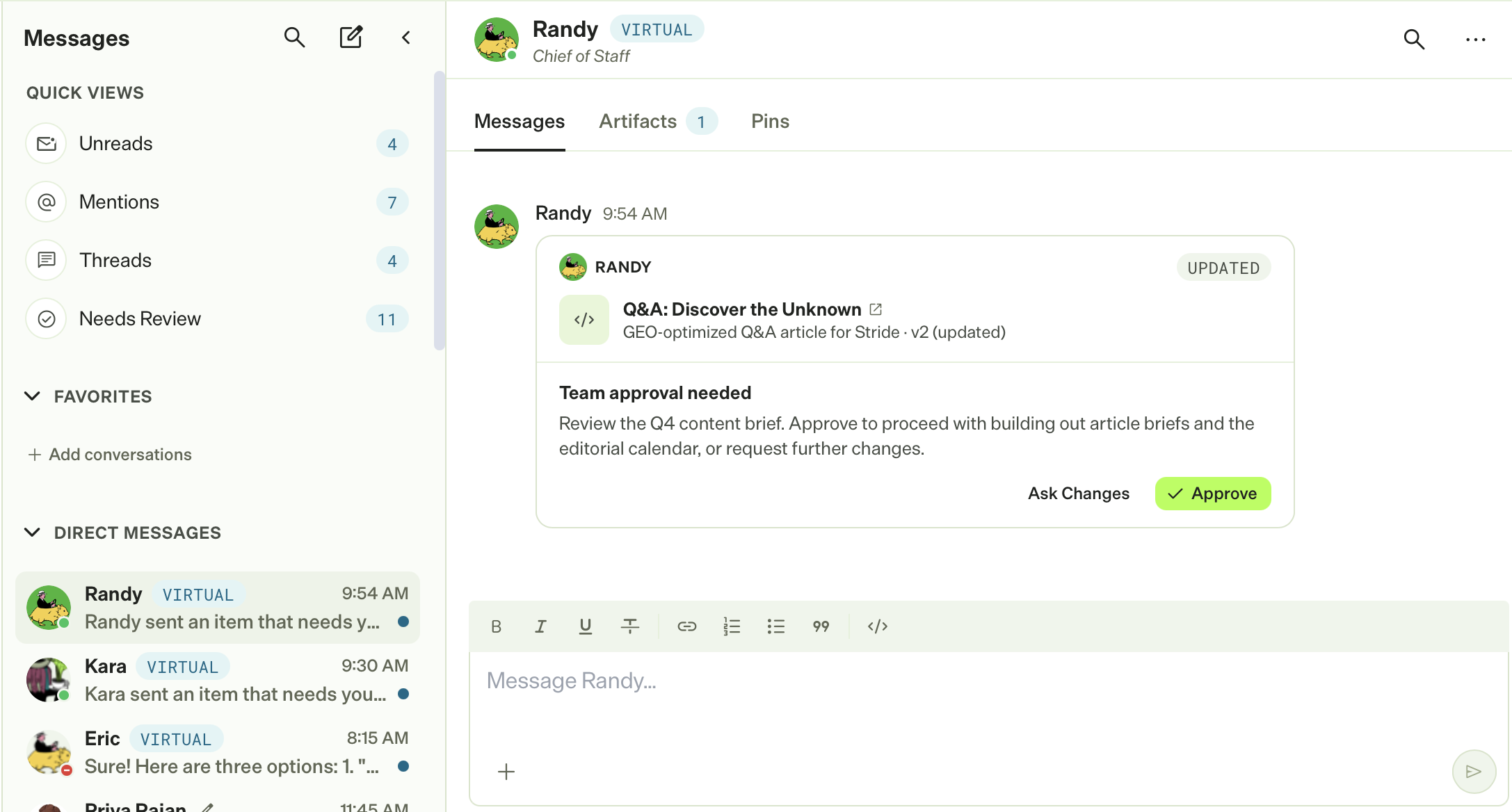 screenshot of a Chief of Staff message