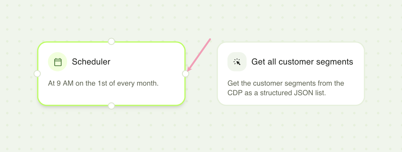 Screenshot of the workflow agent builder in Opal showing the connector circle on the Scheduler trigger selected