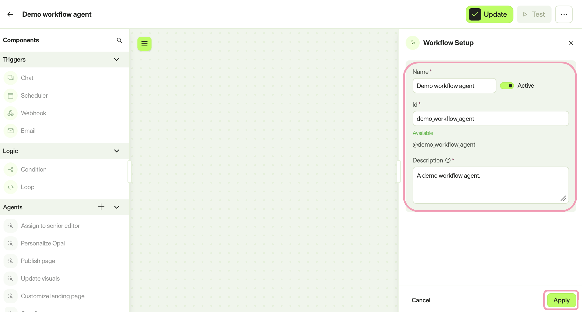 Screenshot of the new workflow agent configuration screen in Opal showing the Name, Active toggle, Id, and Description fields after clicking Apply