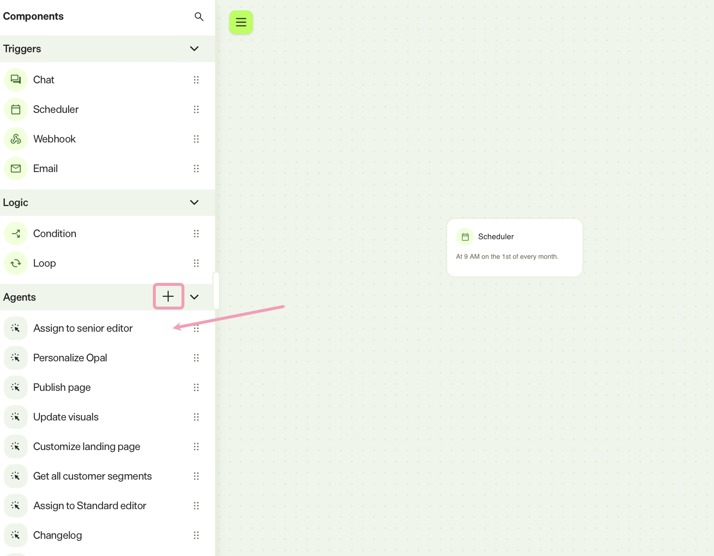 Screenshot of the workflow agent builder in Opal showing a specialized agent added to the workspace