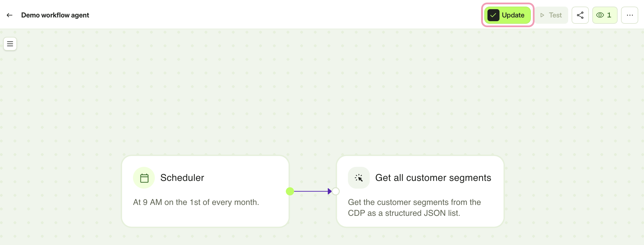 Screenshot of the workflow agent builder in Opal showing the Scheduler trigger connected to the specialized agent after saving