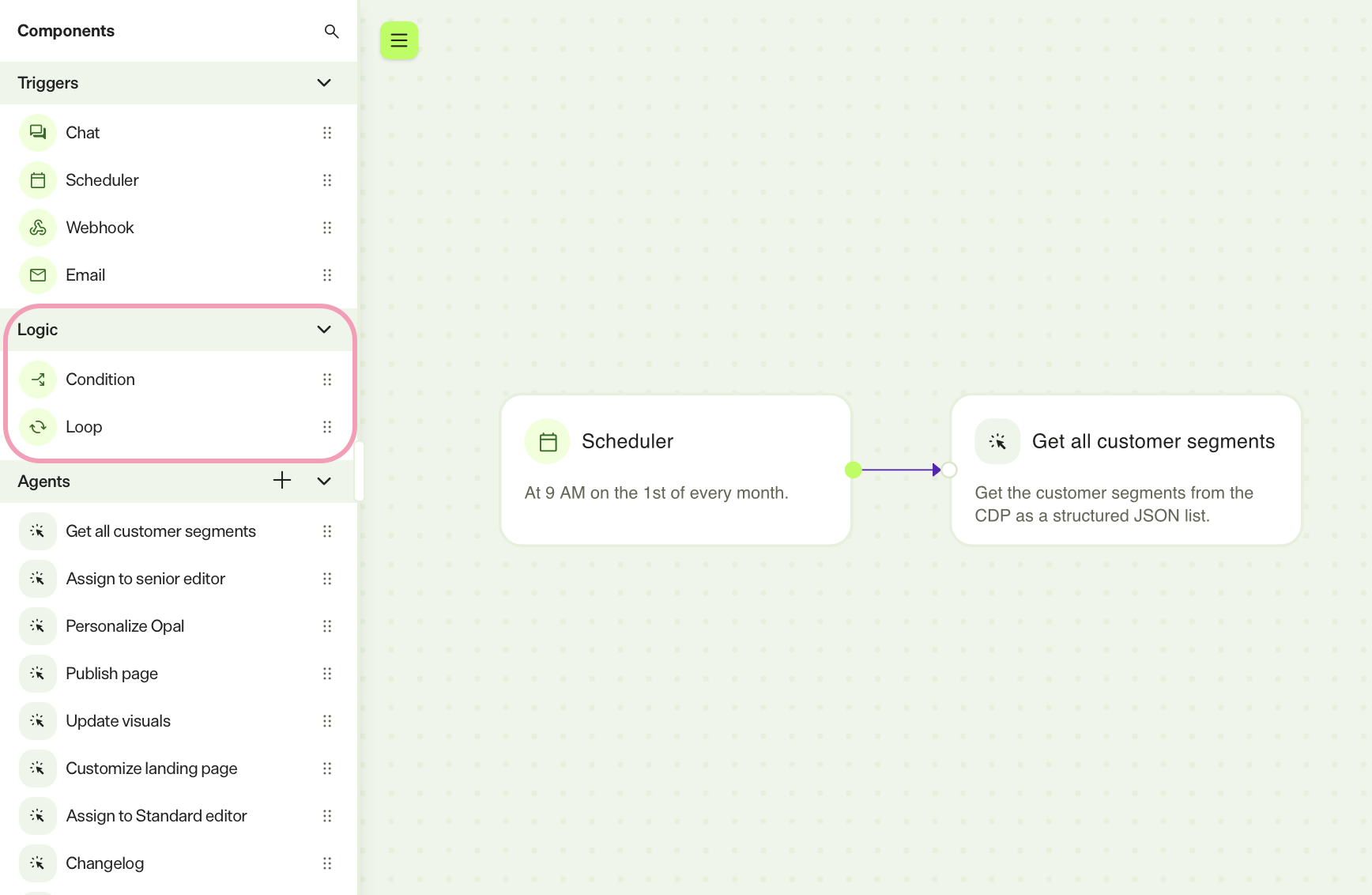 Screenshot of the workflow agent builder in Opal showing the Logic section with Condition and Loop elements available to add to the workspace