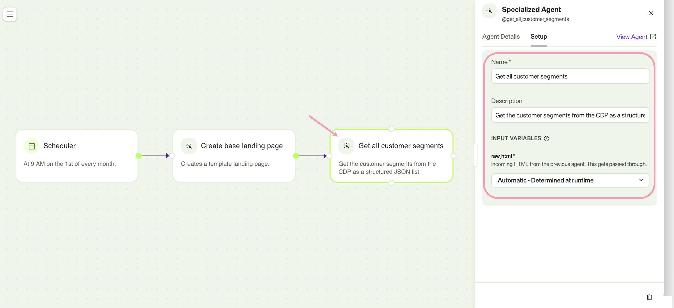 Screenshot of the workflow agent builder in Opal showing an individual agent selected with its details panel open
