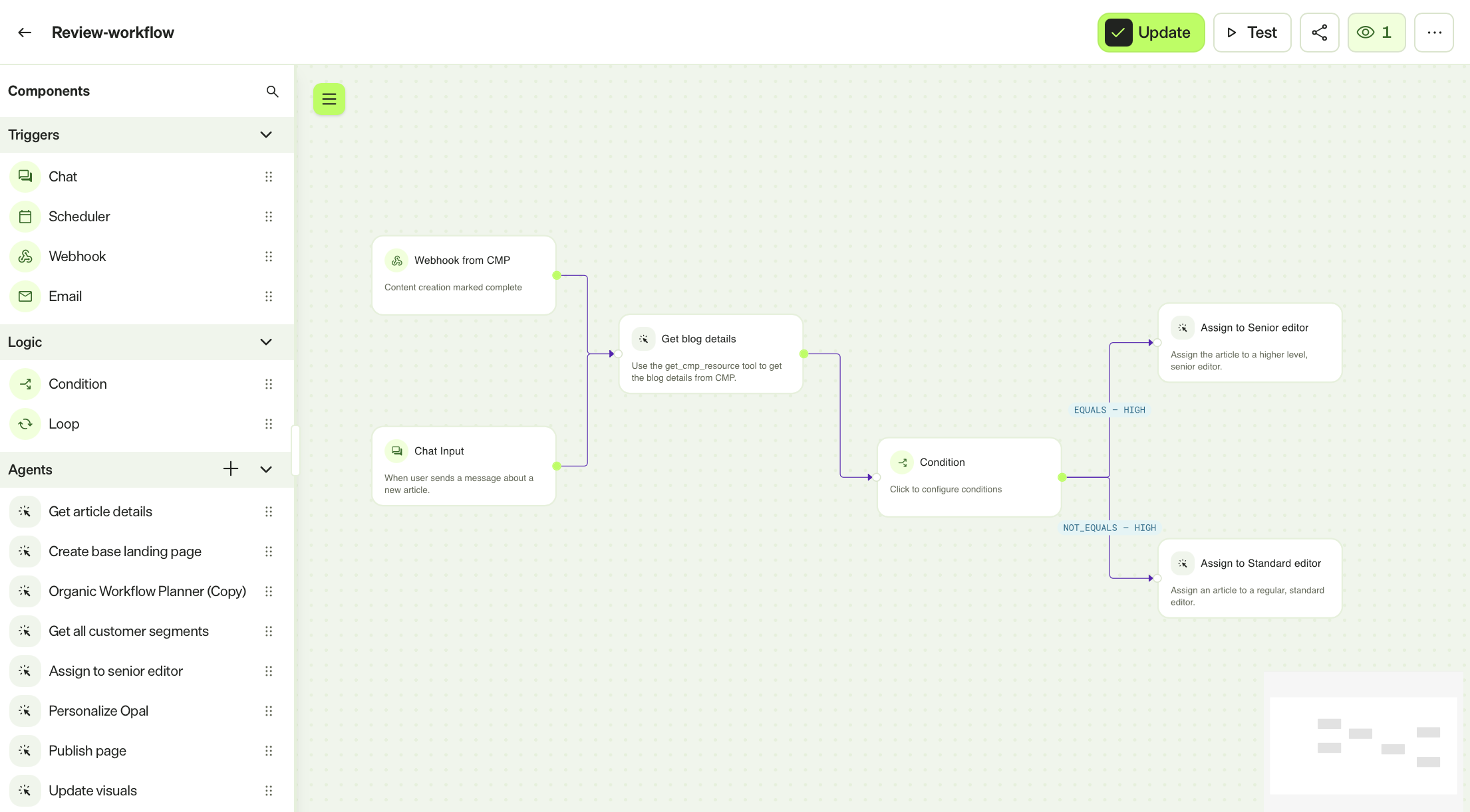 Screenshot of the workflow agent editor in Opal showing the Triggers, Logic, and Agents sections