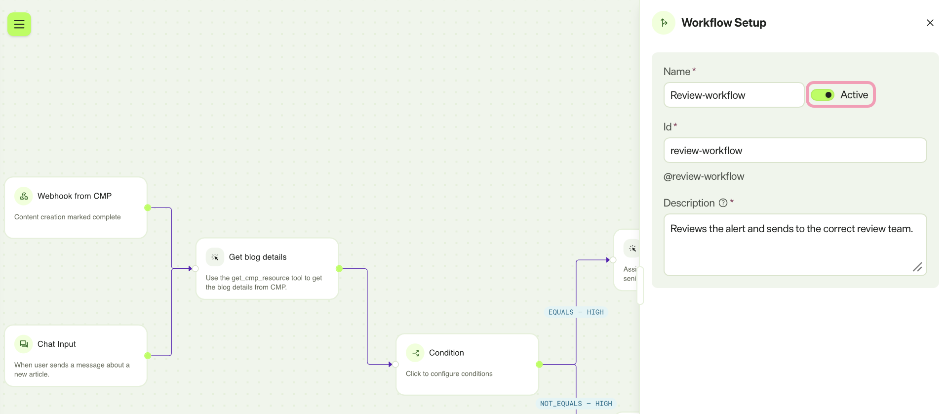 Screenshot of a workflow agent with the Active toggle highlighted.