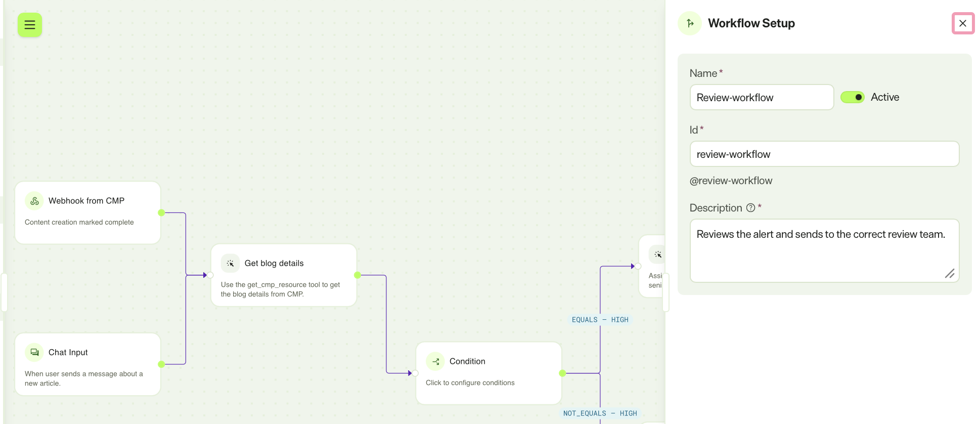 Screenshot of Close in the Workflow Setup panel.