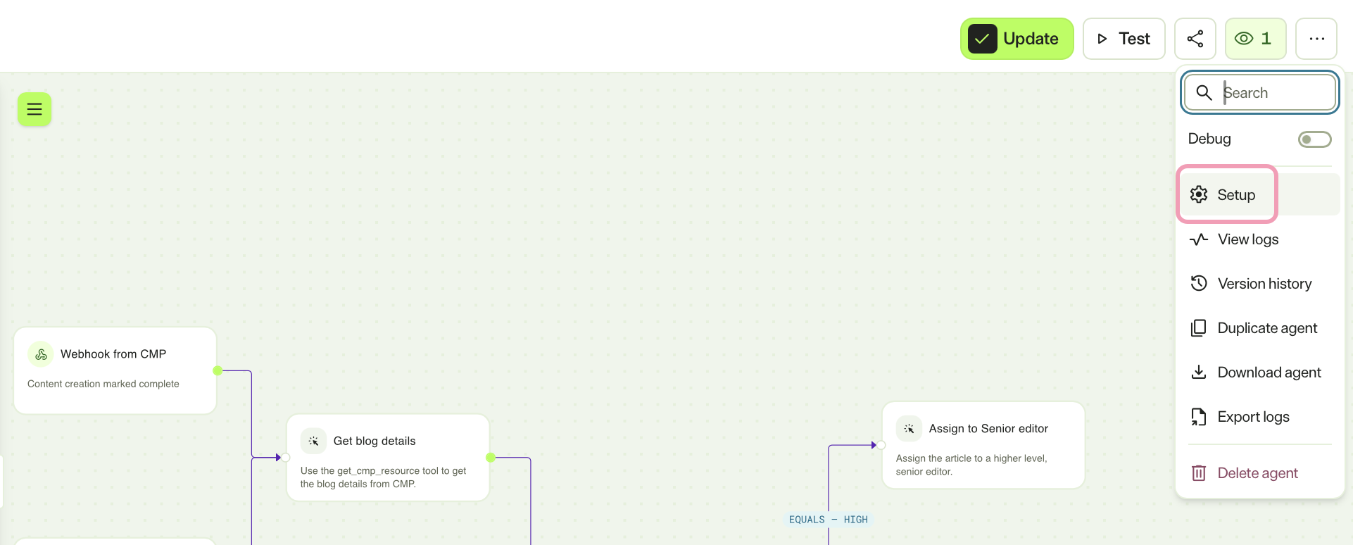 Screenshot of a workflow with the more options menu expanded and Setup highlighted.