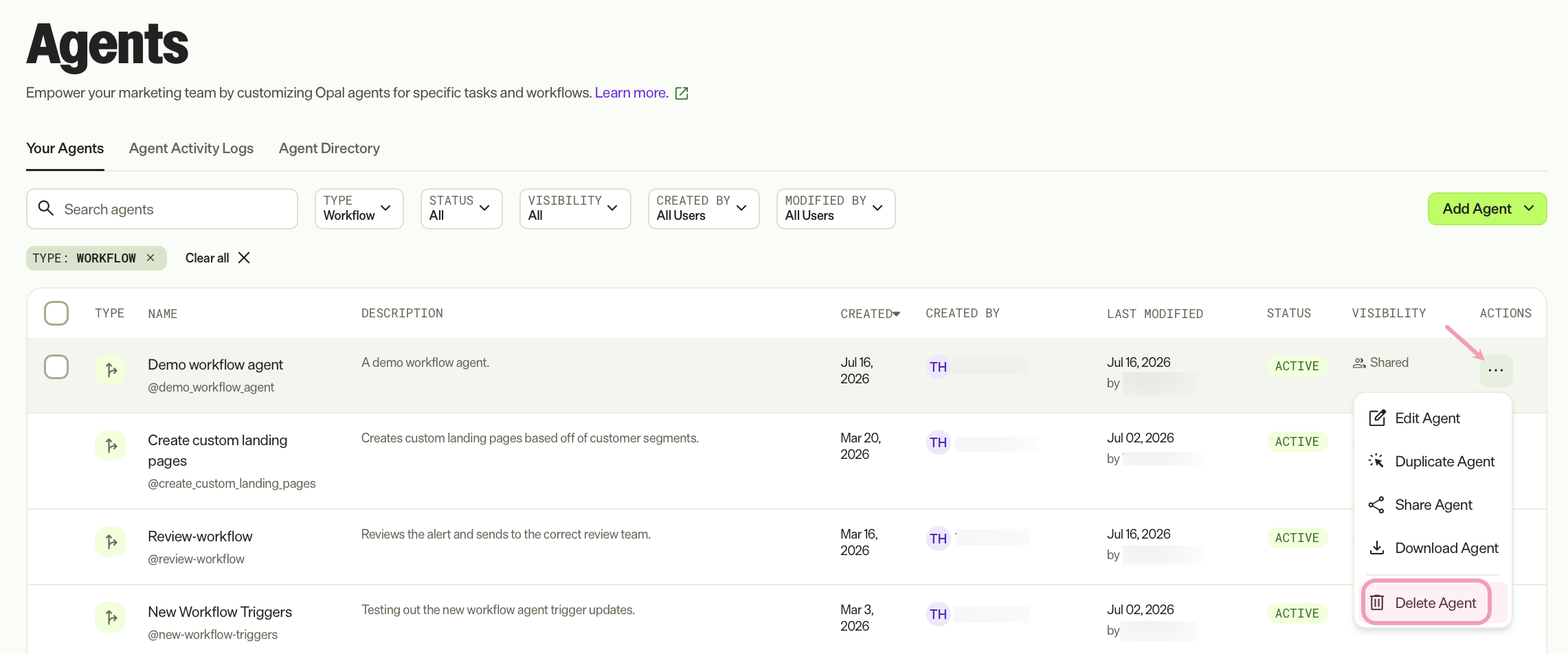 Screenshot of the Agents page with the More options menu expanded and Delete Agent highlighted.
