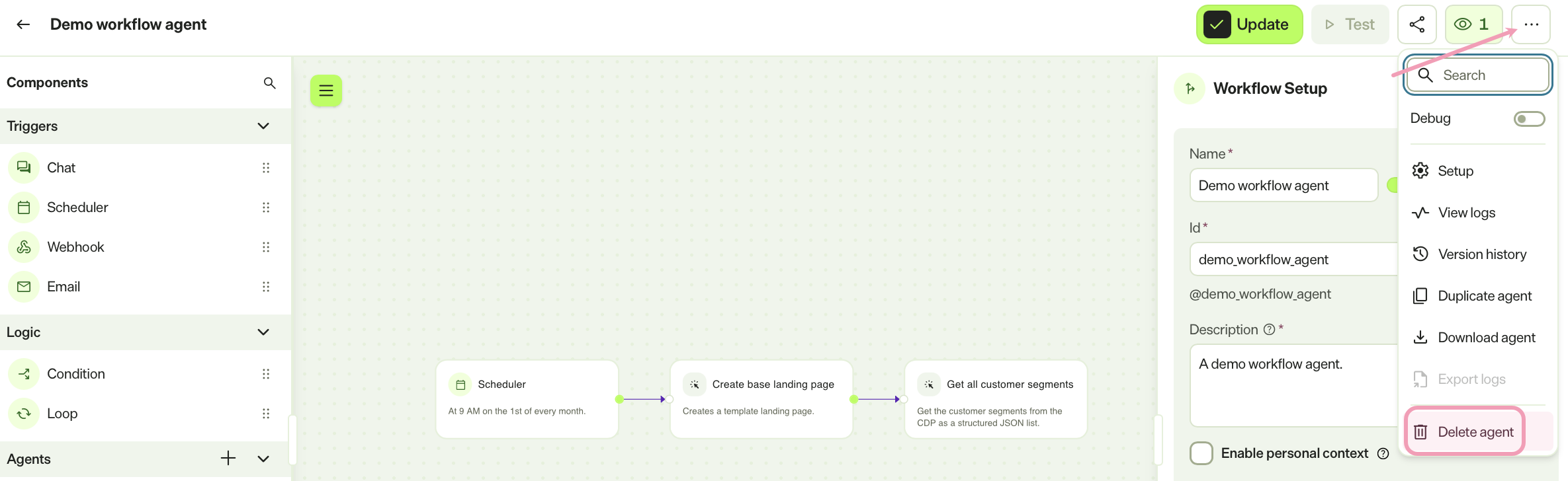 Screenshot of a workflow agent with the more options expanded and Delete Agent highlighted.