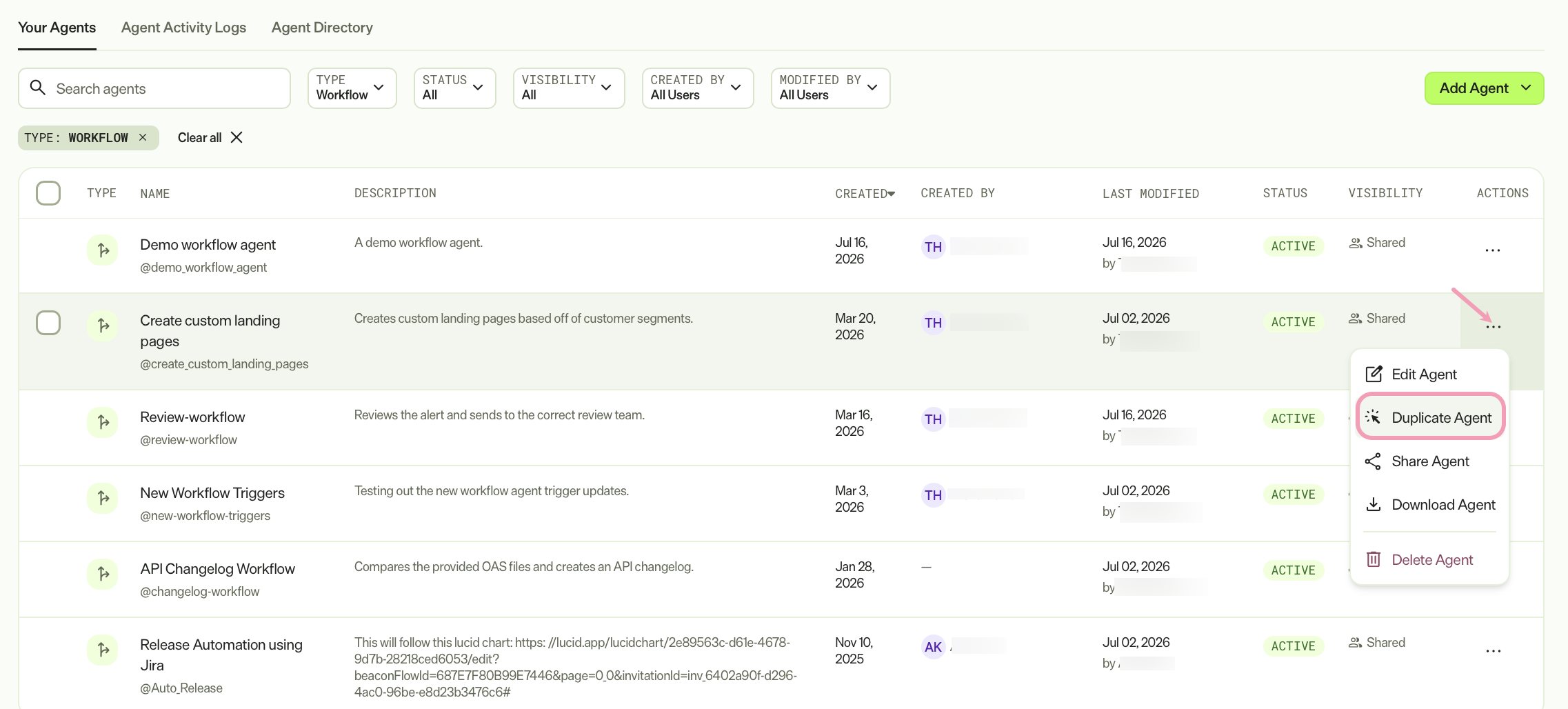 Screenshot of the Your Agents tab with duplicate agent highlighted.