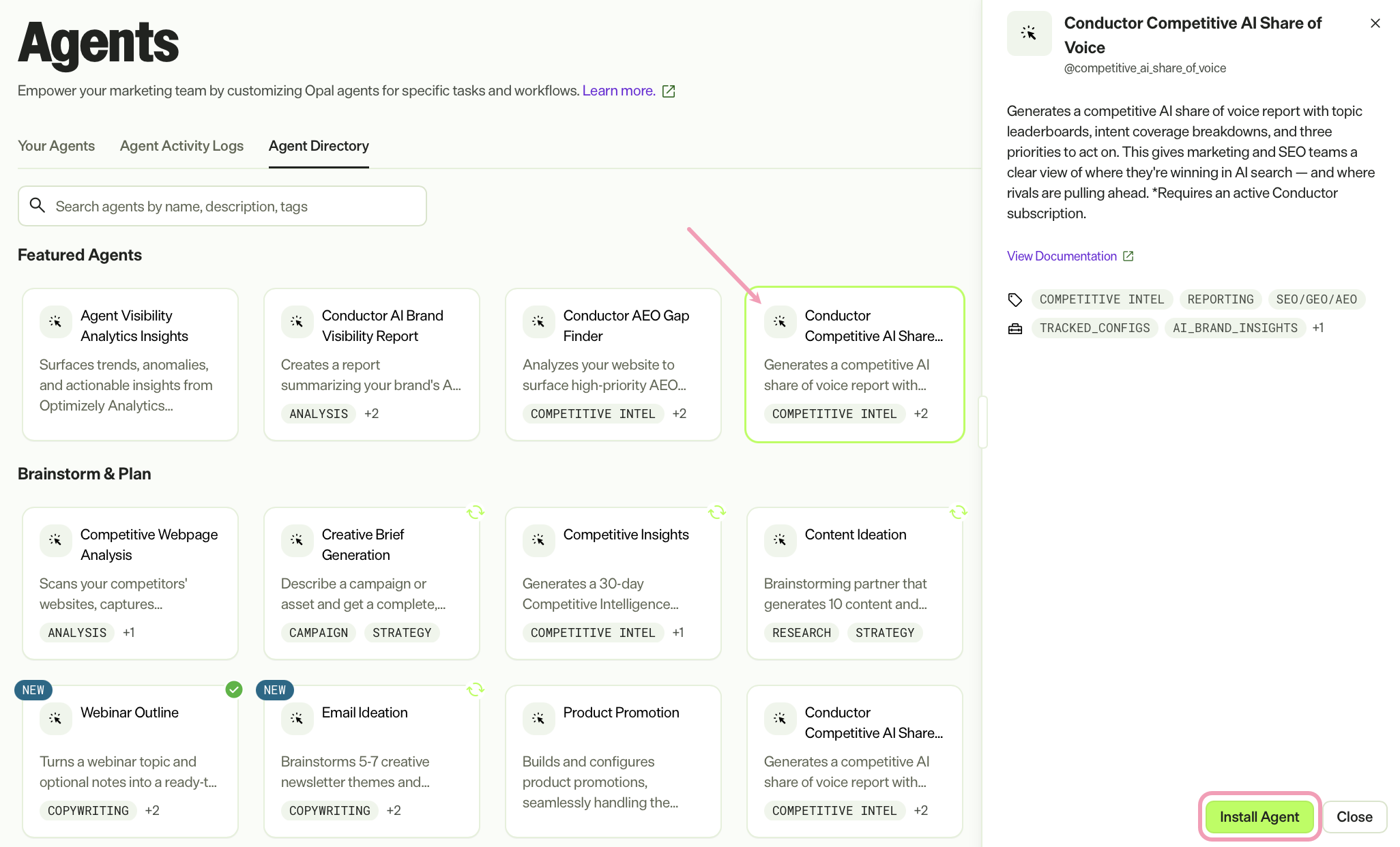 Screenshot of the Agent Directory with the Conductor Competitive AI Share of Voice agent and install agent highlighted.